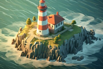 Beautiful coastal landscape featuring a 3D isometric illustration of a lighthouse. Generative AI - obrazy, fototapety, plakaty