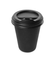 Black paper cup with plastic lid isolated on white. Coffee to go