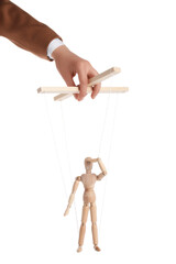 Woman pulling strings of puppet on white background, closeup