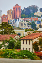 Houses and apartment buildings in colorful assortment of architecture styles in California