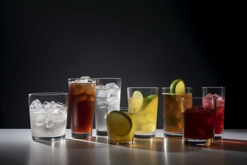A variety of beverages accompanied by ice cubes on a plain background. Generative AI