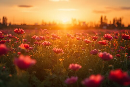 Photograph of beautiful flowers in a stunning sunset, available as a high-definition 8K wallpaper. Generative AI