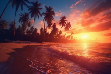 Rolgordijnen Adventure vacation landscape with stunning sunset, paradise island sand coast, palms, and relaxing vibes. Generative AI © Daniel