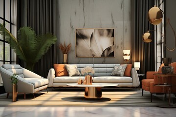 modern living space with stylish decor and furniture, digitally designed with realistic details. Generative AI