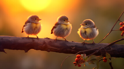 Obraz premium Little Happy Birds at Sunrise - Generative AI