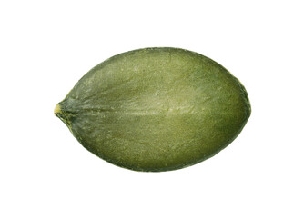One peeled pumpkin seed isolated on white, top view