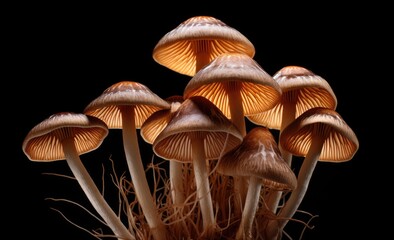 Detail of a group of mushrooms seen from below and isolated on a black background.