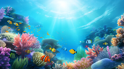 Fototapeta na wymiar Colorful tropical fish coral scene background, Life in the coral reef underwater, sunlight, clear water ocean, travel concept, illustration digital Generative AI design art ,coral reef with fish,