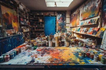 vibrant art studio filled with paint palettes, brushes, and canvases, ready to be transformed into expressive masterpieces. Generative AI