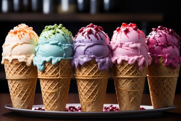 Ice cream cones with scoops of rainbow-colored flavors.
