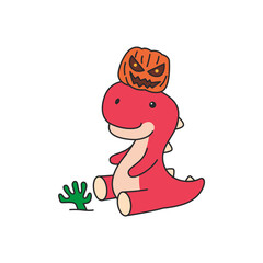 Cute cartoon dinosaur with halloween pumpkin. Vector illustration.