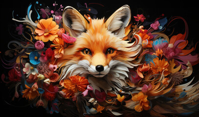 A stunningly detailed fox portrait surrounded by a cascade of vibrant flowers and intricate artistic elements.

