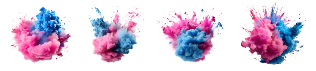 Set of pink and blue powder explosion, Paint holi, Colorful rainbow paint splash elements for design , isolated on white and transparent background