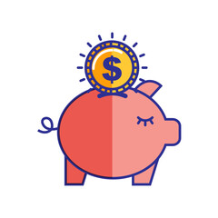 Vector piggy bank with coins on white background