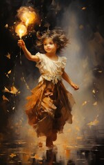 Captivating oil illustration of a child lighting up her journey with luminous balloons in a bygone setting.
