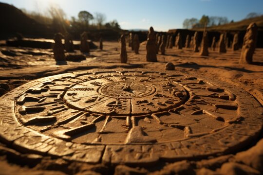 Ritualistic circle with symbols etched in the ground.