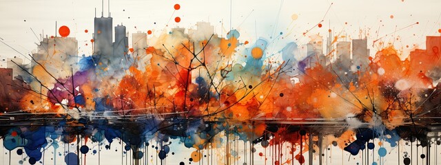 Dynamic abstract canvas capturing the vibrant essence of city structures with drips and splashes.