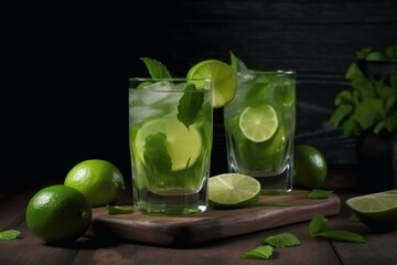 Refreshing beverage made from water or rum, limes, and mint leaves. Generative AI