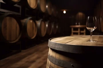 Fotobehang Blurry wine cellar backdrop, wooden table foreground. Generative AI © Natalya