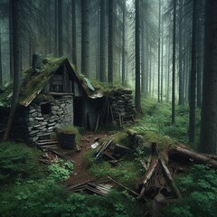 Fototapeta na wymiar wooden house in forest