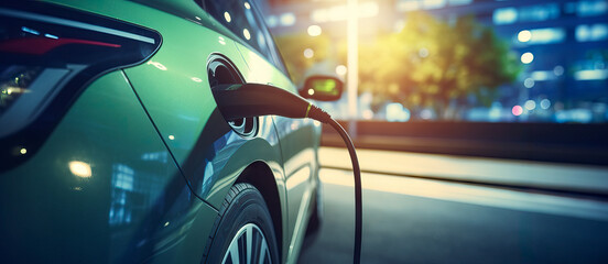 Zero Emissions Drive: Sustainable Electric Car Charging - Carbon-Neutral Transport.  - obrazy, fototapety, plakaty