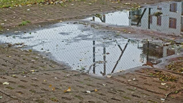 Residential Building Reflection in Rain Water Puddle on Concrete Sidewalk