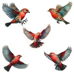 A set of male and female Red Crossbills flying isolated on a white background