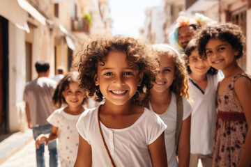 Happy Arab children on street, portrait of smiling Palestinian little girls. Group of kids looking at camera outdoor in Middle East. Concept of young people, teen, youth