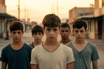 Group of Arab boys on street, portrait of conflict Palestinian teenagers. Serious kids looking at camera outdoor. Concept of independent, youth - obrazy, fototapety, plakaty