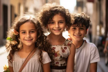 Fotobehang Smiling Arab children on street, portrait of happy Palestinian kids. Group of youth looking at camera outdoor in Middle East. Concept of young people, teen © scaliger