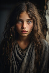 Fototapeta premium Sad girl portrait in dark room, face of serious young woman in Middle East. Attractive Palestinian teen wearing scarf looking at camera. Concept of youth
