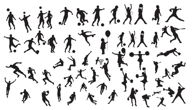 A set of people playing several sports. A silhouette art of players playing football, baseball, basketball and other sports.