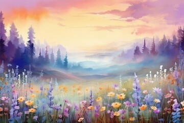 Stunning watercolor sunrise landscape with blooming meadow, purple and white flowers. Happy new day concept in vertical view. Generative AI