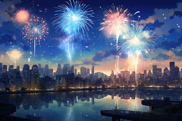 Fototapeta na wymiar Bright fireworks over the city colorful Fireworks City skyline
