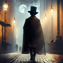 Mysterious Man in Top Hat and Cane  Walking in Foggy Old London in the 1880's - obrazy, fototapety, plakaty