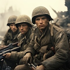 Fototapeta premium WWII American Soldiers Portrait Archival Photo Historical Reenactment World War II Allied Forces Concept