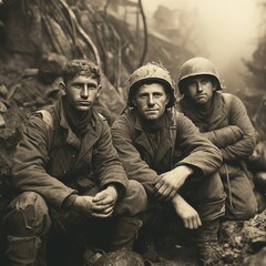 WWII American Soldiers Veterans and Heroes Greatest Generation Concept Archival Photo Historical World War II Allied Forces  - obrazy, fototapety, plakaty
