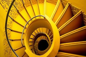 Description of the image: a spiral staircase in yellow color. Generative AI