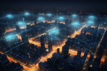 Overhead city network showcasing advanced communication, holographic internet. Generative AI