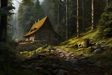 A view of a secluded dwelling in a forest. Generative AI