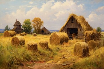 Oil painting depicting a rural landscape with a hut and hay bales in an old village. Generative AI