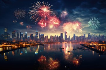 Bright fireworks over the city colorful Fireworks City skyline