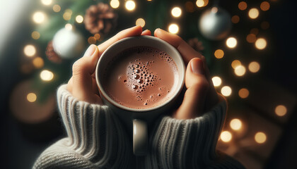 A person is holding a cup of frothy hot chocolate, with warm lights and holiday ornaments blurred in the background. The focus is on the cup and the person's hands, which are enveloped in a cozy sweat