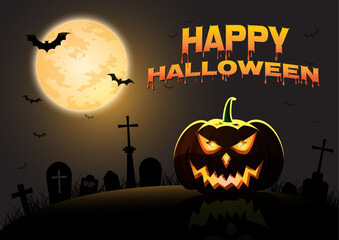 Happy halloween poster banner concept vector design with big pumpkin,full moon and bats flying in the sky over the grave.