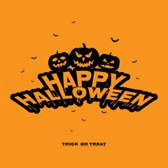 Happy halloween text banner vector calligraphy design with pumpkins and bats on orange background.