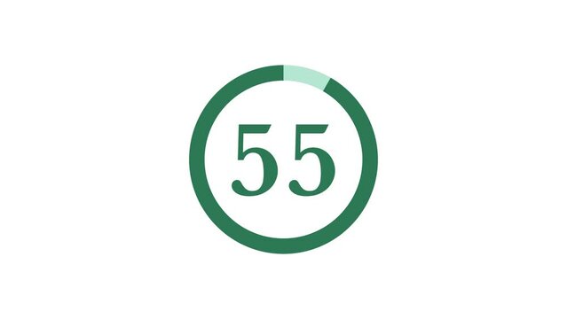 60 seconds (1 minute) retro and classical green countdown timer with circle on white background. 4K Motion Graphics.