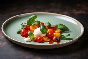 A plated dish with tomatoes, mozzarella, and basil on a ceramic plate. Generative AI