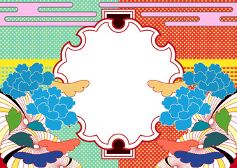 和風の花の背景と雪輪フレーム。サイケな色使いデザイン。