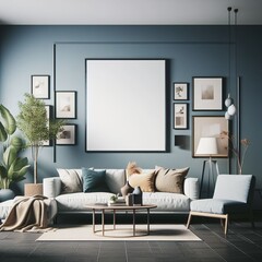 Living Room Interior Design Mockup on a Blue Wall Background