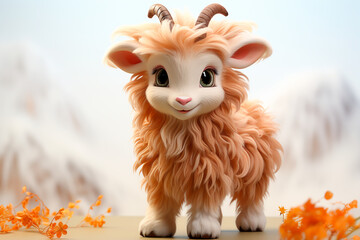 Goat in a natural environment. Adorable 3D cartoon animal portrait.